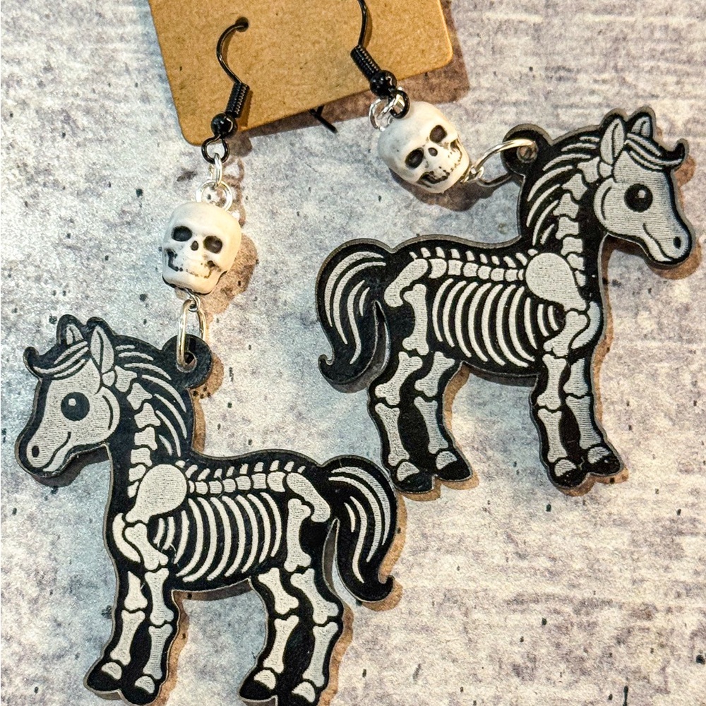 Handmade Skeleton Horse Earrings with Skull Accents